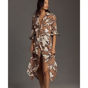 Maeve Anthropologie the Soren long sleeve shirt dress MEDIUM neutral motif